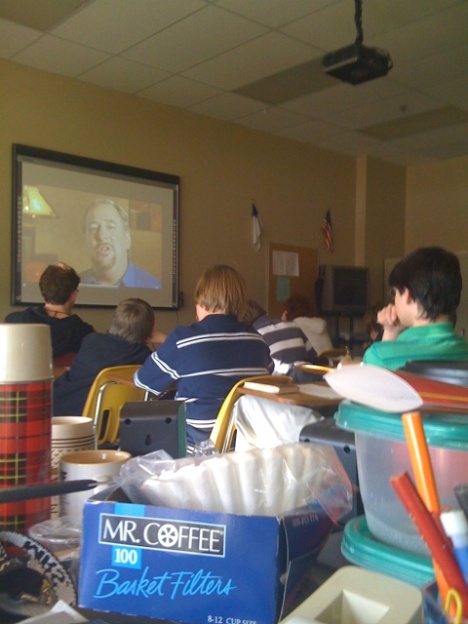 A view from my desk while my students watched Rick Warren